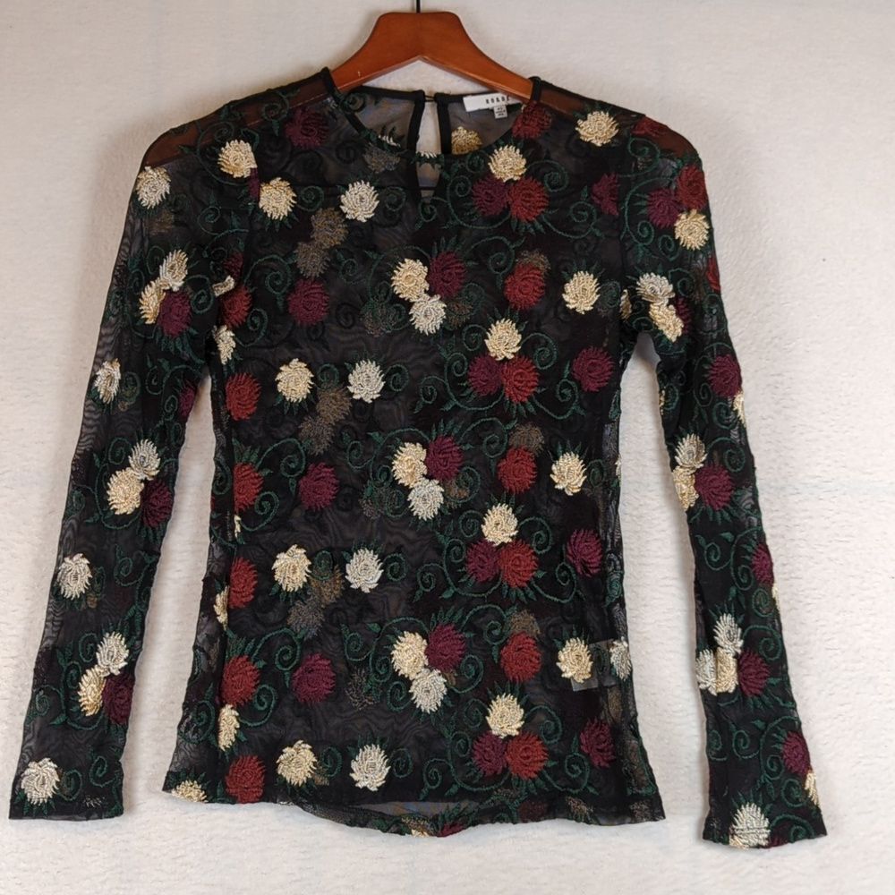 RO & DE Sheer Embroidered Floral Long Sleeve Shirt Top XS